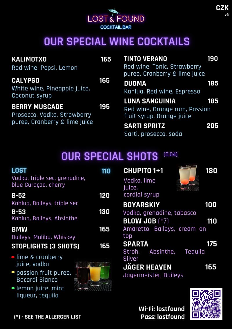 Lost and Found Bar Prague - Special Wine Cocktails and Shots menu