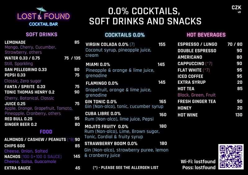 Lost and Found Bar Prague - Soft Drinks, Cocktails, Hot Beverages menu