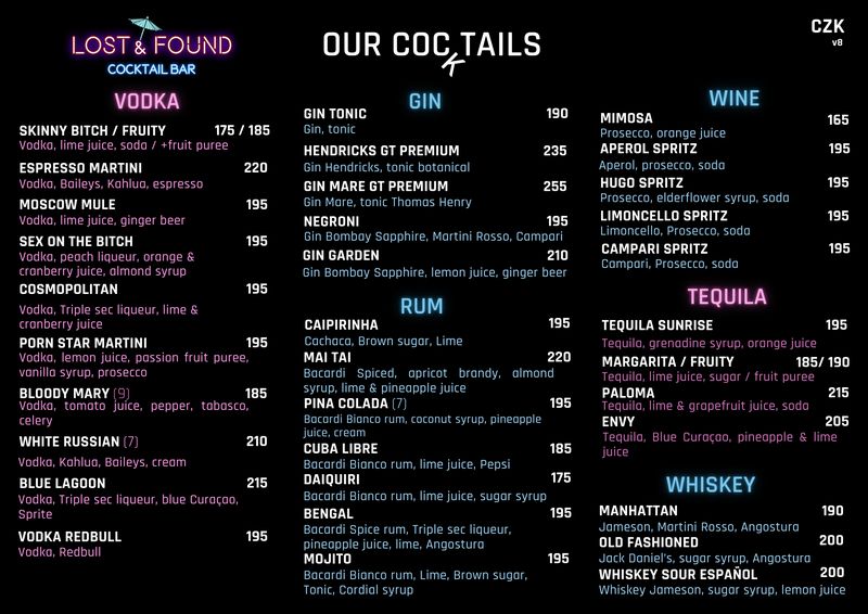 Lost and Found Bar Prague - Cocktails menu