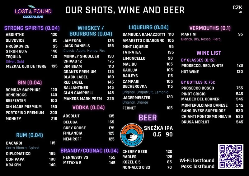 Lost and Found Bar Prague - Shots, Wine and Beer menu